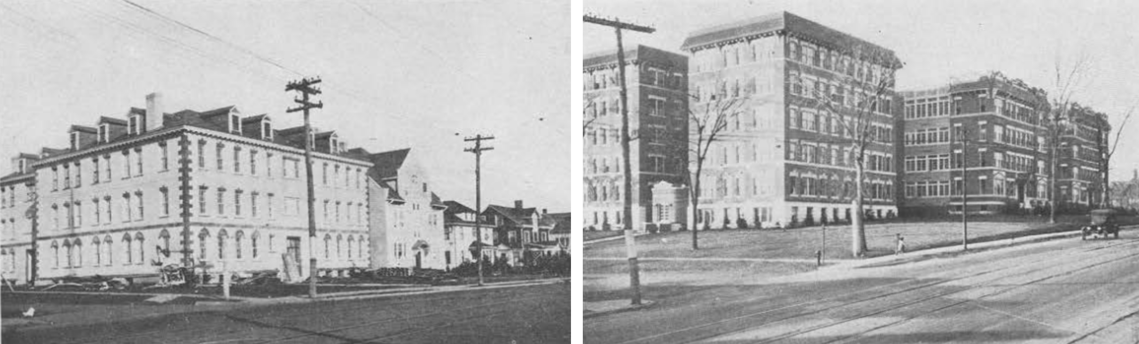 The 1924 West Hartford Zoning report warned that “large apartment houses are spreading farther west along Farmington Avenue” from the city into the suburb, where town leaders and their zoning experts believed single-family homes belonged. On the right side is The Packard, originally designed by Jewish builders to become upscale apartments.