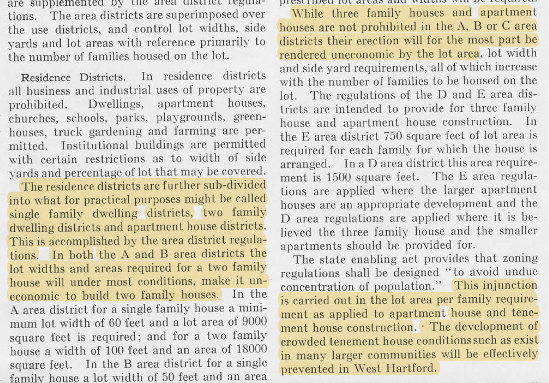 Whitten’s zoning plan for West Hartford demonstrated how local governments could create minimum-land rules that made it “uneconomic” for private real estate developers to build multi-family housing in areas designated for single-family homes, thereby creating powerful incentives for exclusion. Source: West Hartford Zoning, 1924, hosted by Google Books.