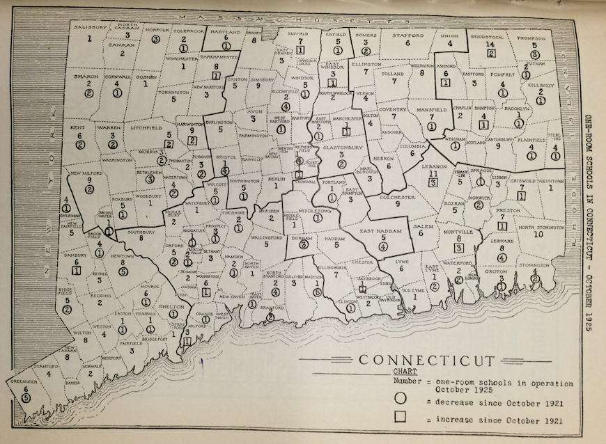 This map illustrated the gradual decline of one-room schools across Connecticut from 1921 to 1925, according to the State Board of Education.