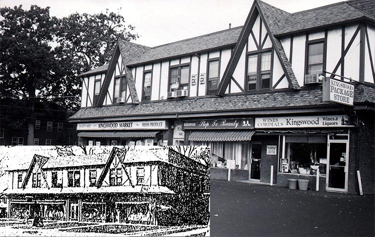 Jacob Goldberg eventually won the legal battle to open Kingswood Market in November 1924, pictured here on its third anniversary (bottom left) and also in 2004. Other first-floor storefronts included the Kingswood Pharmacy and Dettenborn Hardware, with small shops and offices on the second floor. Images from Hartford Courant (1928); Noah Webster House & West Hartford Historical Society (2004), used with permission.