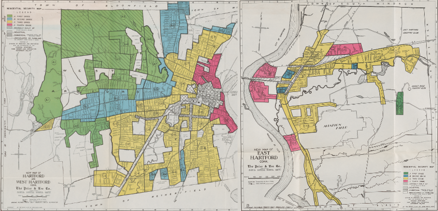 Explore the 1937 HOLC Residential Security Maps for West Hartford, Hartford, and East Hartford, georeferenced by Mapping Inequality. Green showed HOLC’s safest rating for mortgage investment, followed by blue, yellow, and red to signal the riskiest areas. Since HOLC maps did not circulate outside of a small number of government officials, perhaps no one in the Hartford area saw this map until 2006, when Dougherty brought back scanned images of the originals at the National Archives in College Park, Maryland.