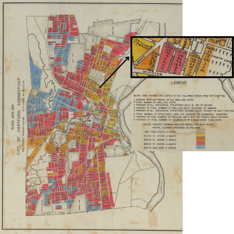 View the full-size FHA 1939 Block Data Map for Hartford, digitized by the National Archives. Colors represent average rental prices, NOT redlined areas. The inset shows that each city block includes eight numbers, and the last shows the “Percent of Total Number of Households of a Race other than White,” to warn readers about FHA’s policy against lending to neighborhoods with racial “infiltrations.”