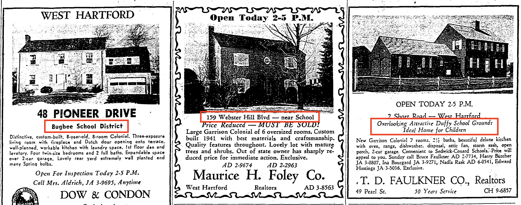 Three West Hartford private real estate ads in 1960, with public schools highlighted in red. Copyrighted by the Hartford Courant, reprinted here under Fair Use guidelines.