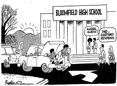 Amid the controversial arrest of Saundra Foster, Hartford Courant political cartoonist Bob Englehart portrayed Black Hartford students arriving at Bloomfield High School hidden in the trunks of cars, conjuring imagery of “illegal aliens” crossing the US-Mexico border. Source: Hartford Courant, copyrighted 1985, included here under fair-use guidelines.