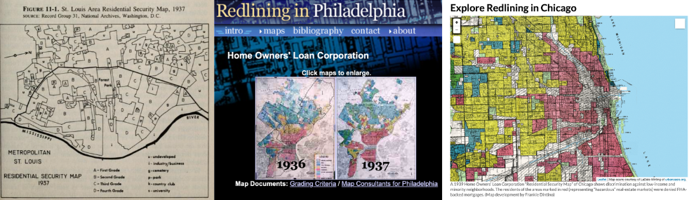 From left to right, HOLC “redlining” maps became more colorful and accessible with digital history. Jackson’s 1985 book with black-and-white outline map of St. Louis; Hillier’s 2004 website with digitized static map of Philadelphia; Coates’s 2014 essay with interactive map of Chicago. Sources: US federal government maps are in the public domain, and copyrighted portrayals of them are reprinted here under fair-use guidelines.