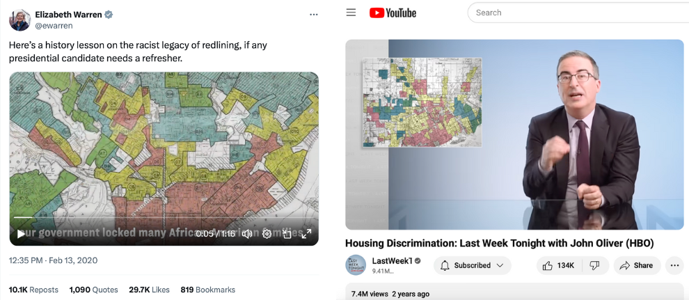 Eye-catching HOLC redlining maps featured in national politics by Elizabeth Warren on Twitter in 2020, and in popular culture by John Oliver on HBO/YouTube in 2021. Copyrighted images reprinted here under fair-use guidelines.