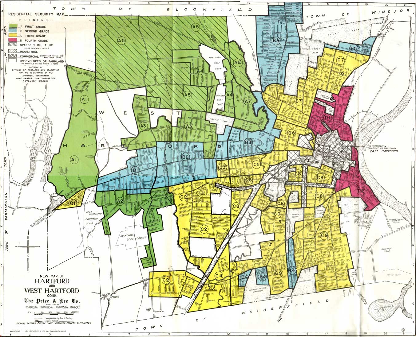 Explore the original 1937 Residential Security Map for Hartford and West Hartford, and the adjacent Map for East Hartford, scanned from the Home Owners’ Loan Corporation records at the National Archives. Green indicated the HOLC’s view of the safest neighborhoods for mortgage investment, followed by blue and yellow, and then red to signal the riskiest areas.