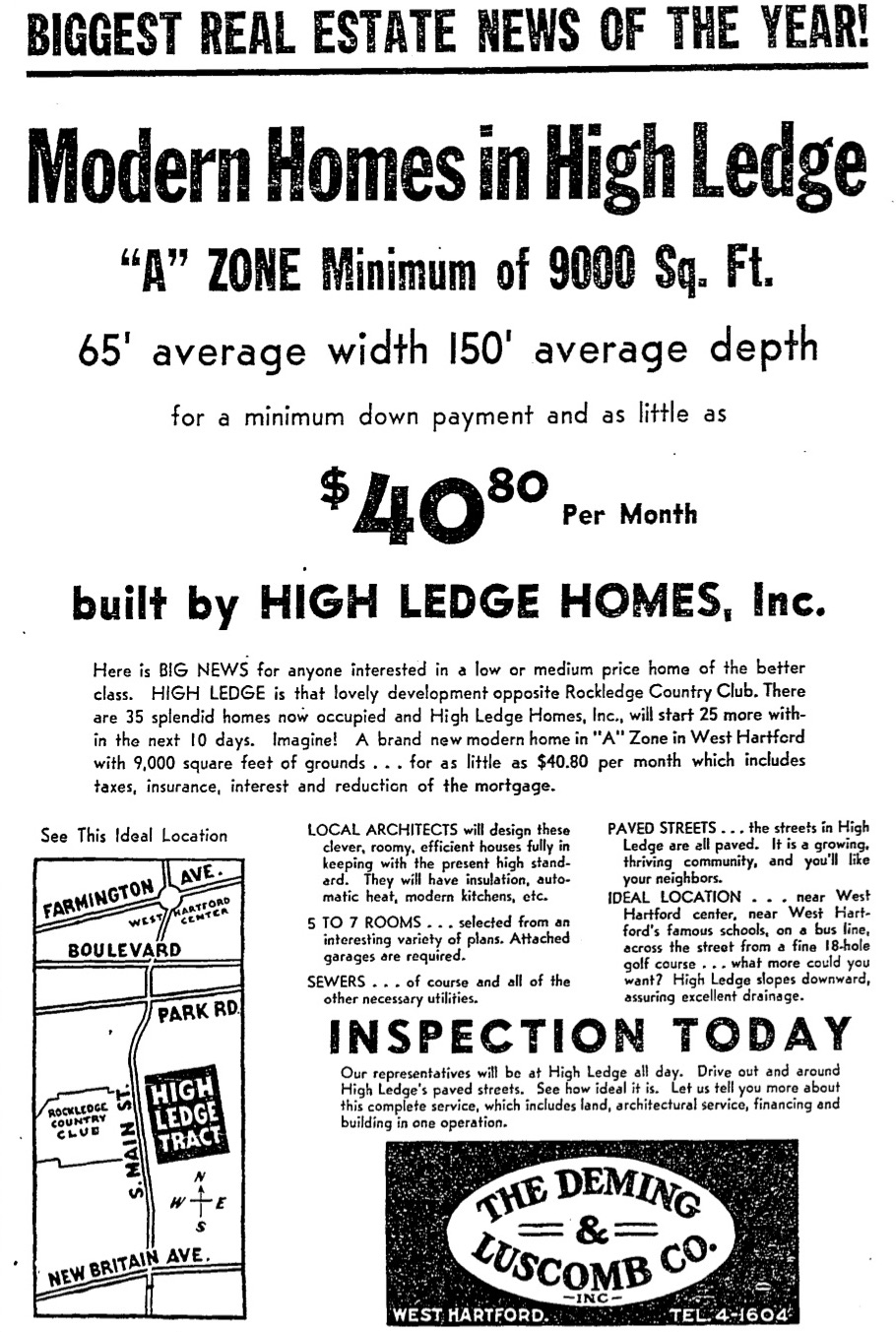 Although High Ledge Homes did not openly publicize their Whites-only property covenant, their 1940 advertising promised homebuyers that “you’ll like your neighbors.” Copyrighted by the Hartford Courant, reprinted under fair-use copyright guidelines.