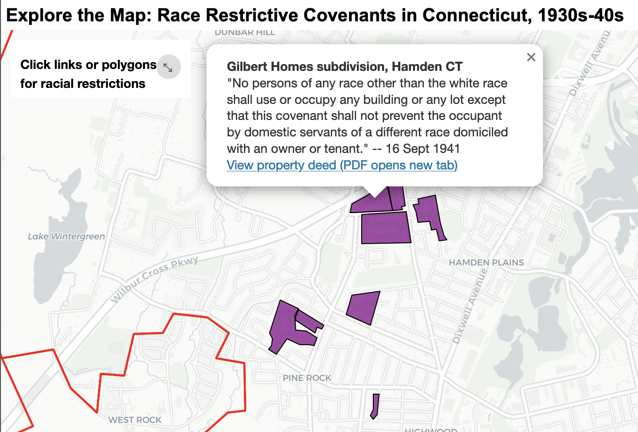 Hamden developers added White-only restrictions to several suburban subdivisions located between the New Haven city border (red line) and the planned route of the Wilbur Cross Parkway in the early 1940s. Explore the interactive covenants map.