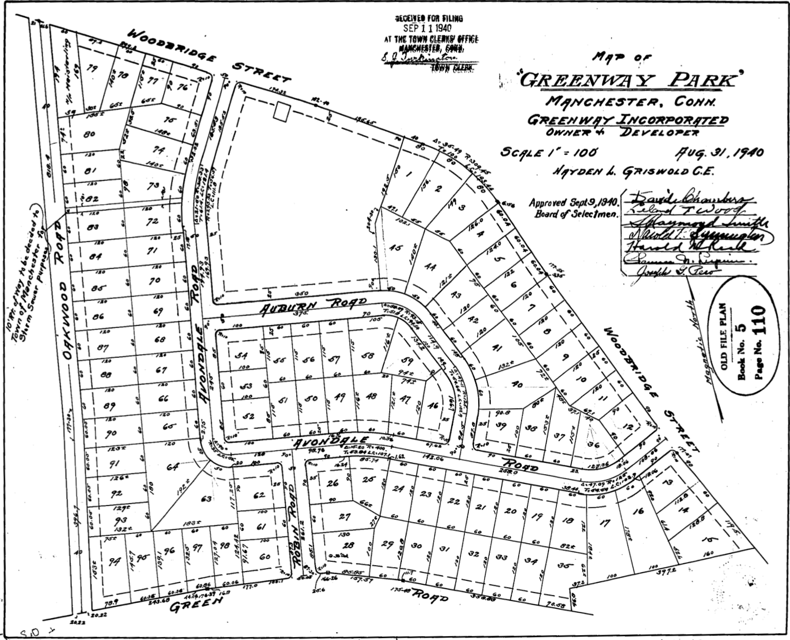 1940 surveyor’s map of Greenway Park housing development, submitted by Greenway Incorporated and approved by the Town of Manchester, Connecticut.