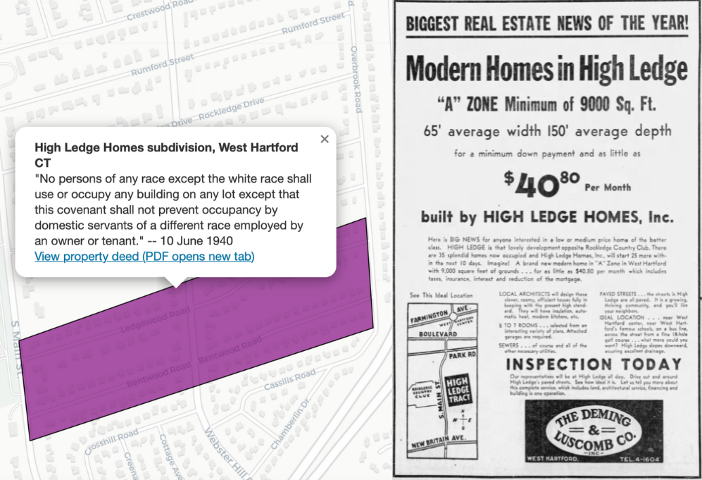 Although High Ledge Homes did not openly publicize their White-only covenant (map on left), their 1940 advertising promised homebuyers that with A-level exclusionary zoning requirements, “you’ll like your neighbors.” Image copyrighted 1940 by Hartford Courant, reprinted under fair-use guidelines.