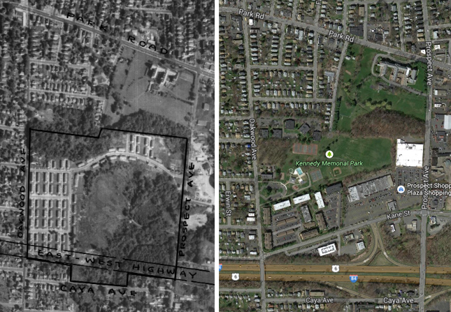 Aerial images of Oakwood Acres Housing Tract, in 1951 and today, on the West Hartford border with Hartford, from MAGIC UConn Libraries.