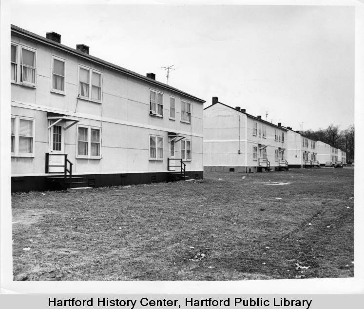 Photo of Oakwood Acres public housing in West Hartford, from the Hartford Times, February 17, 1954, digitized by the Hartford History Center, Hartford Public Library.
