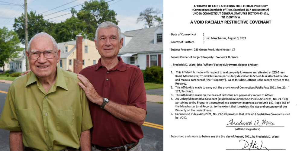 Frederick Ware (left), with his son David, one of the first Connecticut residents to identify and renounce a void racial covenant in 2021. Photo copyrighted 2021 by UConn and reprinted under fair-use guidelines. Document from Town of Manchester property records, public domain.