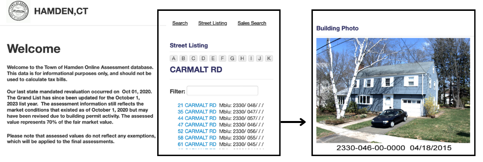 Search by name or street listing in the Town of Hamden online assessment database, showing current owners of homes with racial covenants.