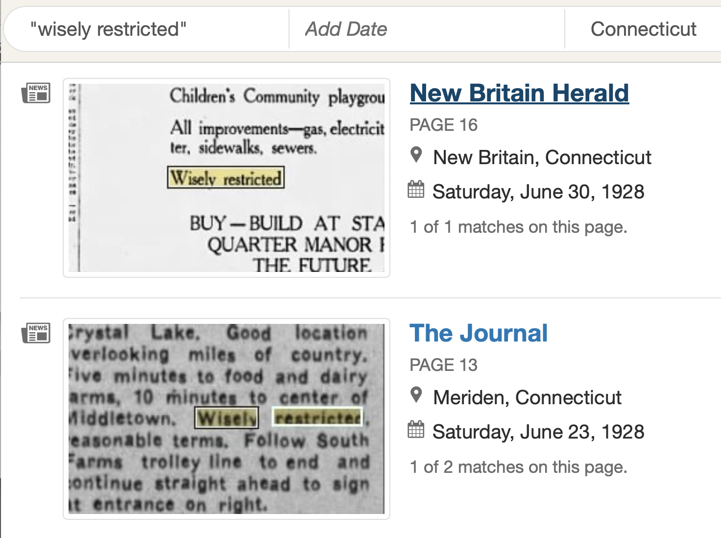 Screenshot of search for “wisely restricted” coded phrase in Newspapers.com database.