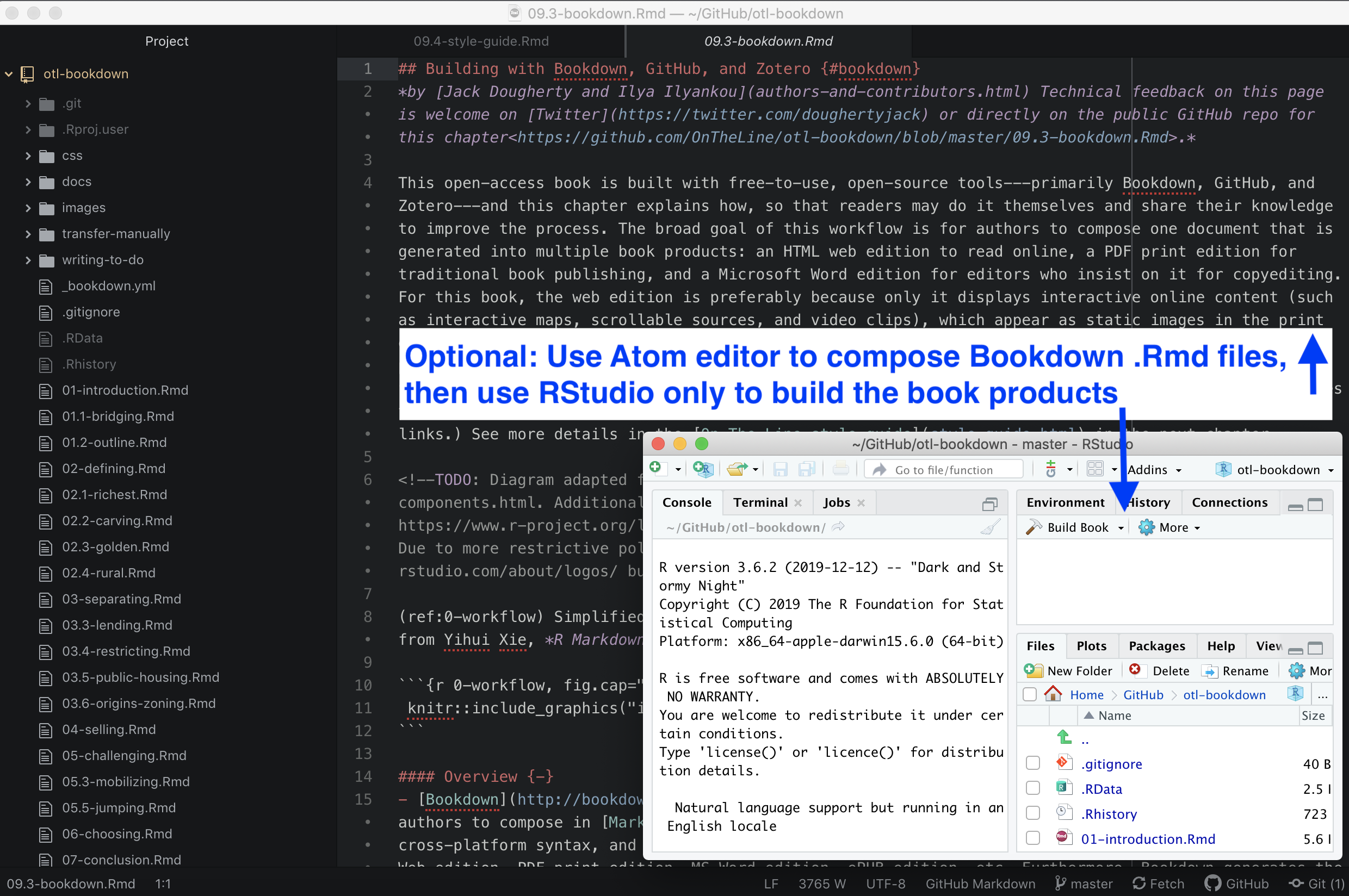 Variation on the workflow above: Compose the text in your preferred editor (such as Atom), and use RStudio only to build the book products.